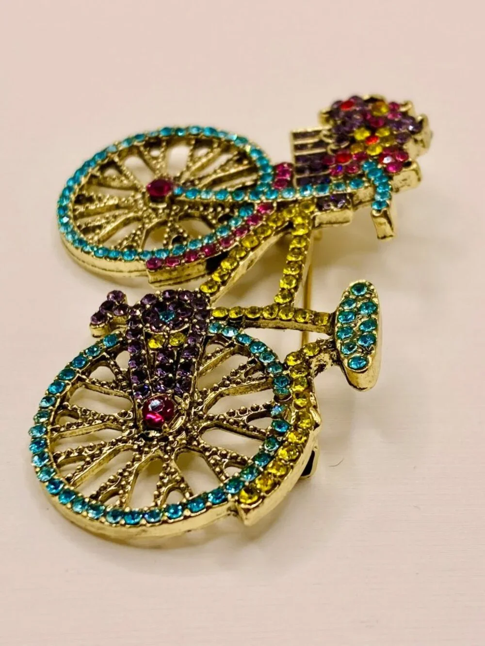 Bicycle Brooch Colorful Rhinestones & Gold-Tone Finish -32B - Picture 3 of 5